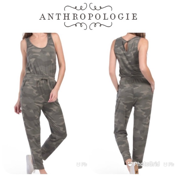 Anthropologie Splendid Green Camouflage Jumpsuit with Drawstring Waist - Picture 1 of 4